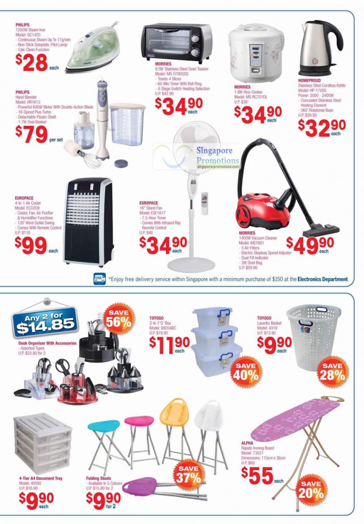 Philips, Morries Oven Toaster, Rice Cooker, Homeproud, Europace Air Cooler, Stand Fan, Vacuum Cleaner, Toyogo, Alpha