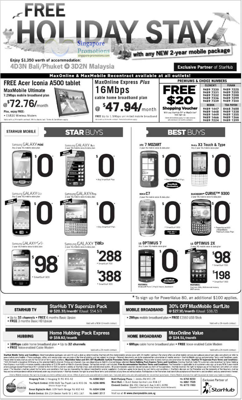 Samsung Galaxy Mini, Ace, Go, Pro, SS, Tab, HTC 7 Mozart, Nokia X3, C7, Blackberry Curve 9300, LG Optimus 7, LG Optimus 2X, Cable TV, Broadband, Mobile, Acer Iconia A500 Free, MaxOnline