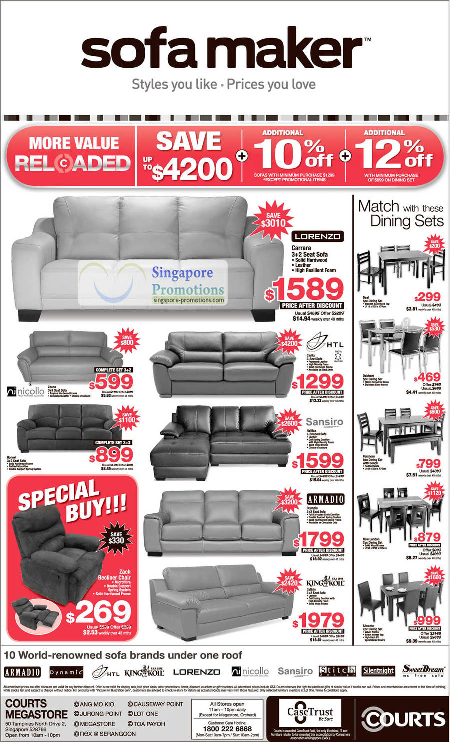 Sofa Lorenzo Carrara, HTL Carita, Sansiro, Armadio Olympia, King Koil Caltrim, Honovi, Nicollo Zocca, Dining Sets