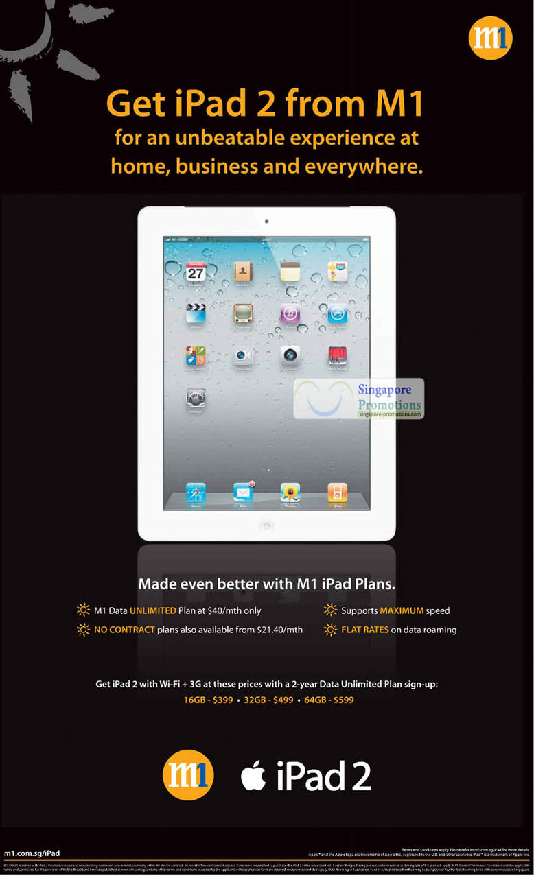 M1 Apple iPad 2, Data Unlimited, No Contract, 16GB, 32GB, 64GB