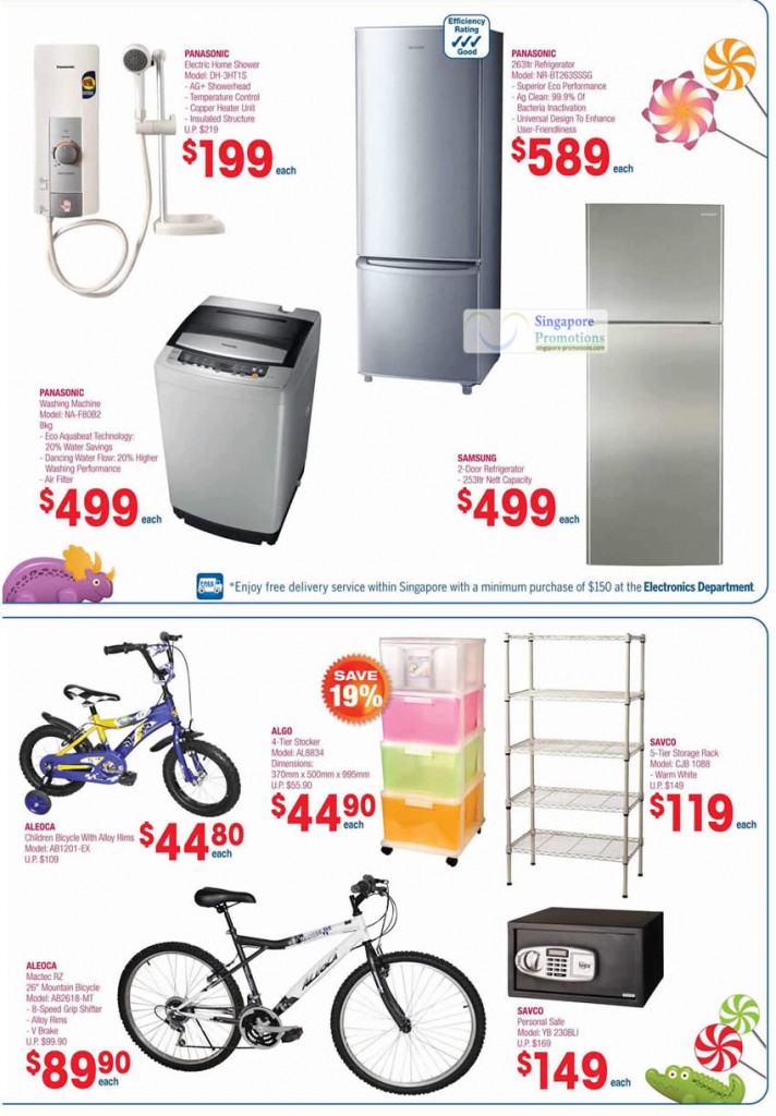 Panasonic Electric Home Shower DH-3HT1S, Fridge NR-BT263SSSG, NA-F80B2 Washing Machine, Samsung, Aleoca Bicycles, Storage Rack, Savco Safe