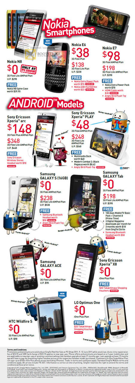 Singtel Mobile Phones Nokia N8 N6 E7 Sony Ericsson Xperia Arc PLAY Samsung Galaxy S Tab Ace X8 LG Optimus One HTC Wildfire S