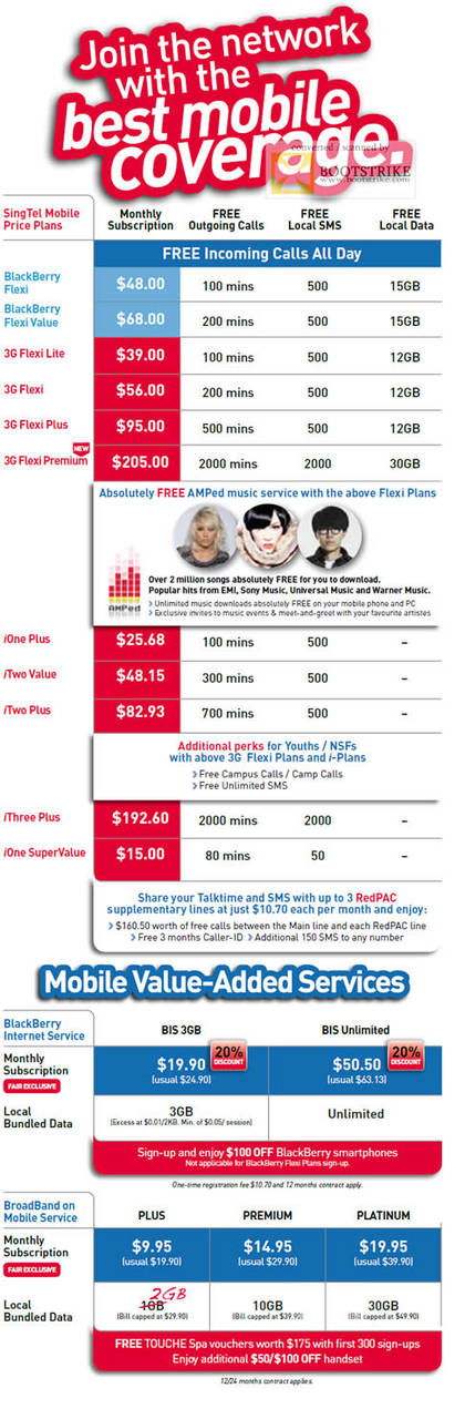 Singtel Mobile Price Plans BlackBerry Flexi Value 3G Lite Plus Premium iOne iTwo iThress SuperValue Broadband On Mobile