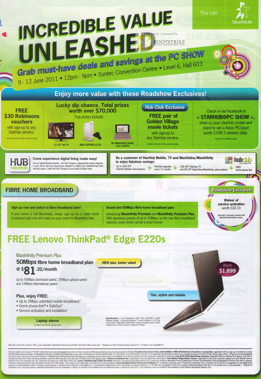 Starhub Broadband Fibre Home Free Lenovo Thinkpad Edge E220s Lucky Dip GV Ticket Robinsons Voucher Maxinfnity Premium Plus