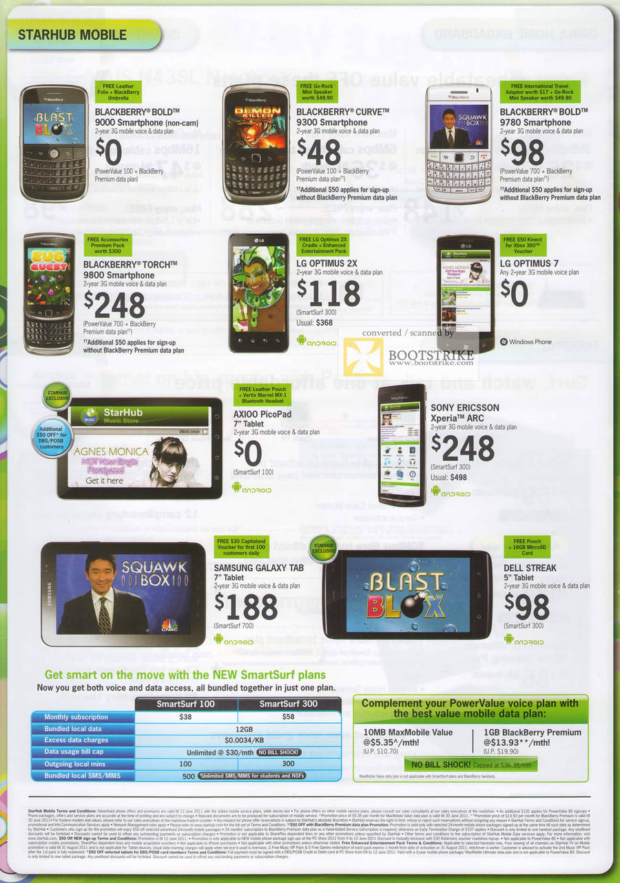 Starhub Mobile Phones Blackberry Bold 9000 Curve 9300 Bold 9780 Torch 9800 LG Optimus 2X 7 Axioo PicoPad SE Xperia Arc Samsung Galaxy Tab Dell Streak