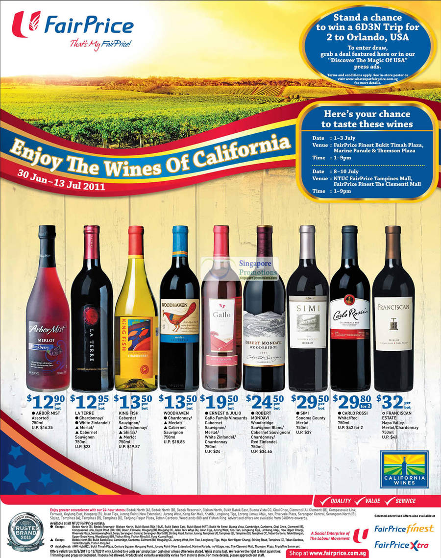 Wines of California, Arbor Mist, La Terre, King Fish, Woodhaven, Ernest Julio, Robert Mondavi, Simi, Carlo Rossi, Ranciscan Estate