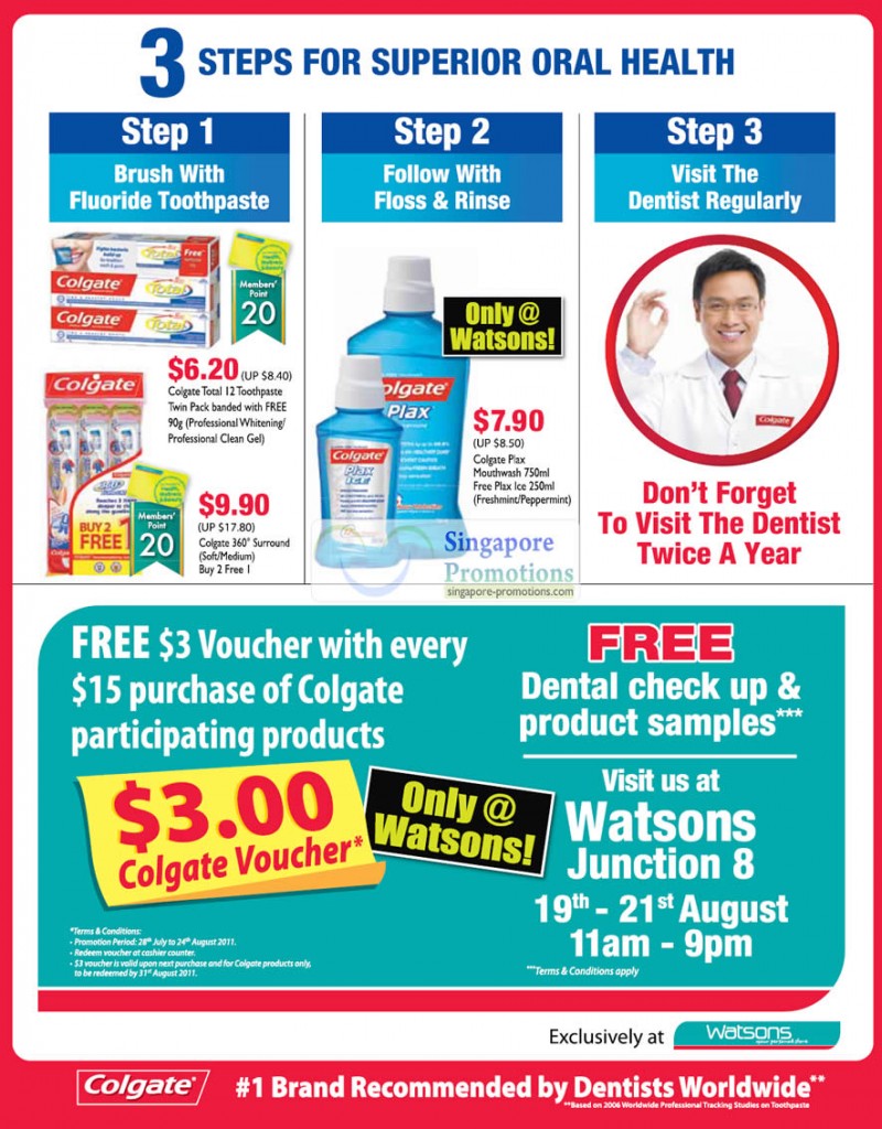 18 Aug 3 Steps To Superior Oral Health, Colgate Total Toothpaste, 360 Surround, Plax, Free 3 Dollar Voucher, Dental Check Up, Free Product Samples