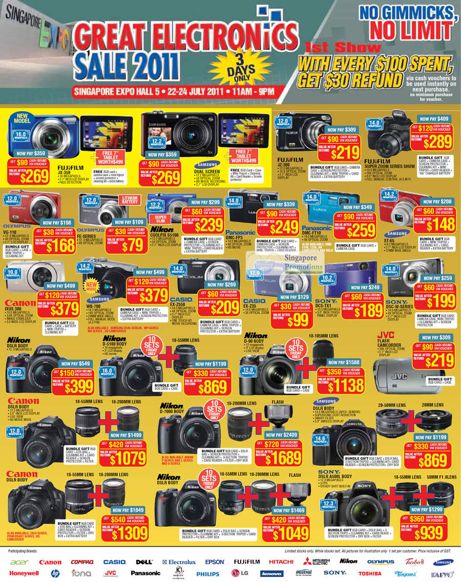 22 Jul Digital Cameras, DSLR, Fujifilm JX-350, JZ-300, Samsung ST-65, Panasonic DMC-FT10, DMC-FP3, Nikon Coolpix S5100, Olympus VG-110, Canon Ixus 300, WB-700, Casio EX-Z550, EX-Z35