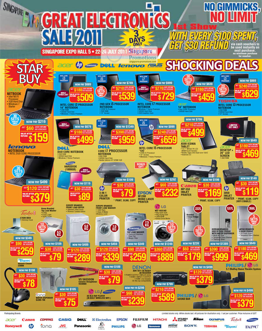 22 Jul Notebooks, Dell, Lenovo, ASUS, Acer A500 Iconia Tablet, HP G42, Epson M1200, Canon MP-558, HP 3050, Turbo C793N-90SS, Washing Machines, Fridge, Denon AVR-1611, Toyomi