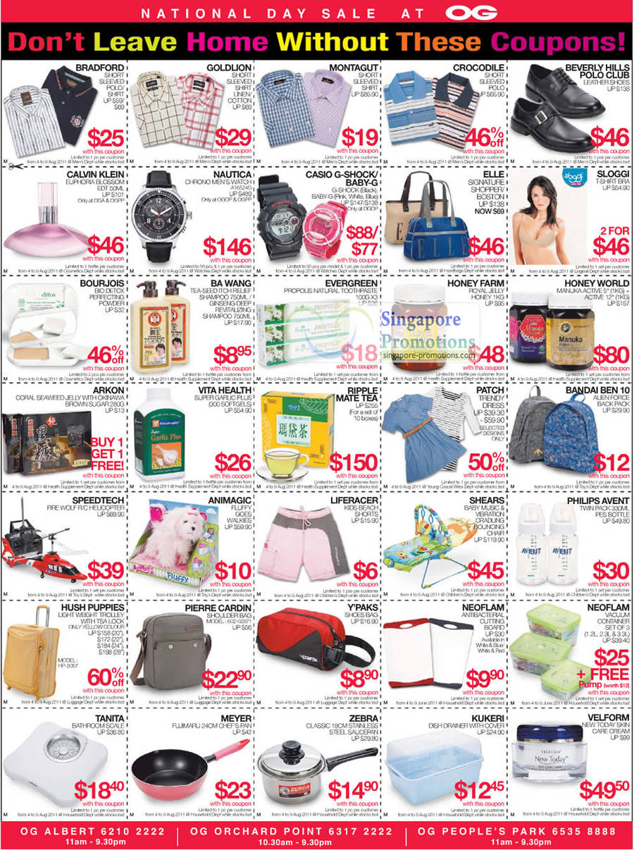 4 Aug Coupons, Bradford, Goldlion, Crocodile, Nautica, Honey Farm, Hush Puppies, Pierre Cardin, Meyer, Velform