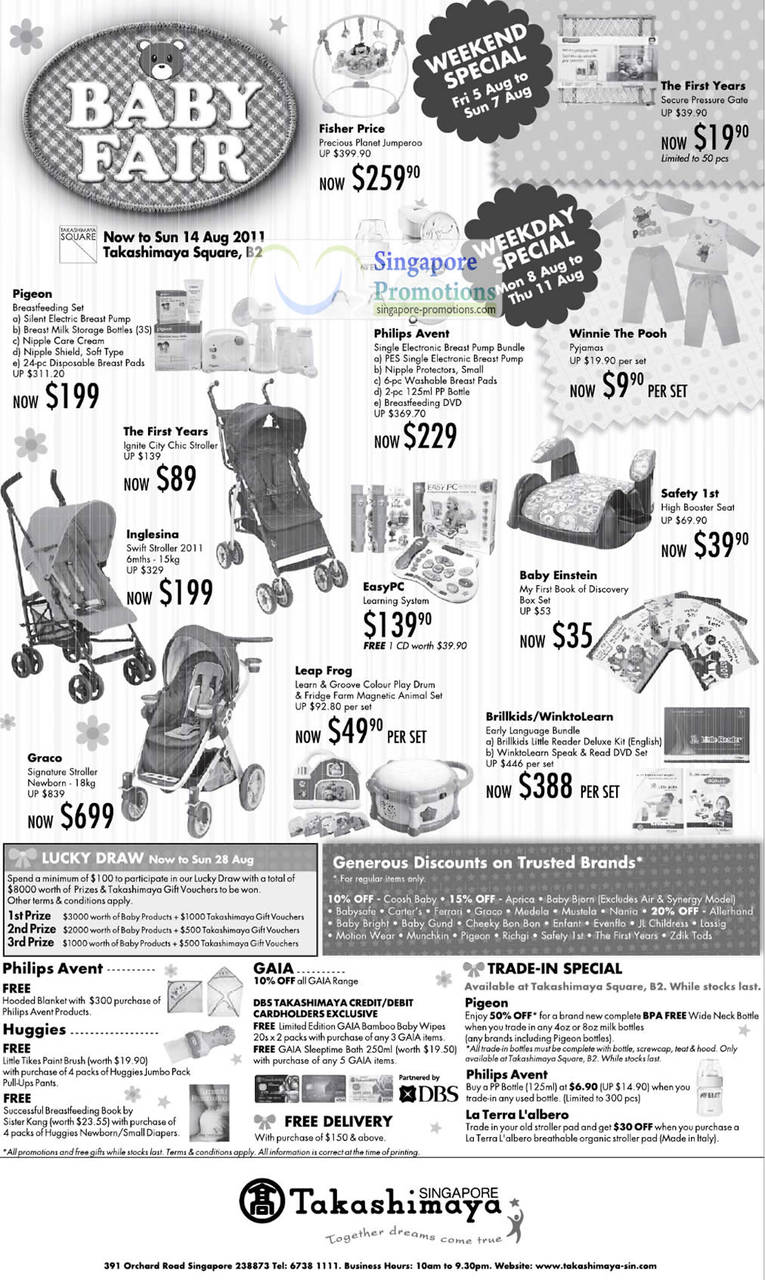 5 Aug Fisher Price Jumperoo, Pigeon Breastfeeding Set, Philips Avent, Inglesina Swift Stroller, EasyPC, Graco Signature Stroler, BrillKids WinkToLearn, The First Years