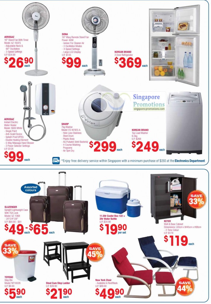 Home Appliances, Aerogaz Stand Fan, Sona, Instant Electric Water Heater, Sharp ES-N70ES-A Washer, Slazenger Luggage, Keter Cabinet, New York Chair