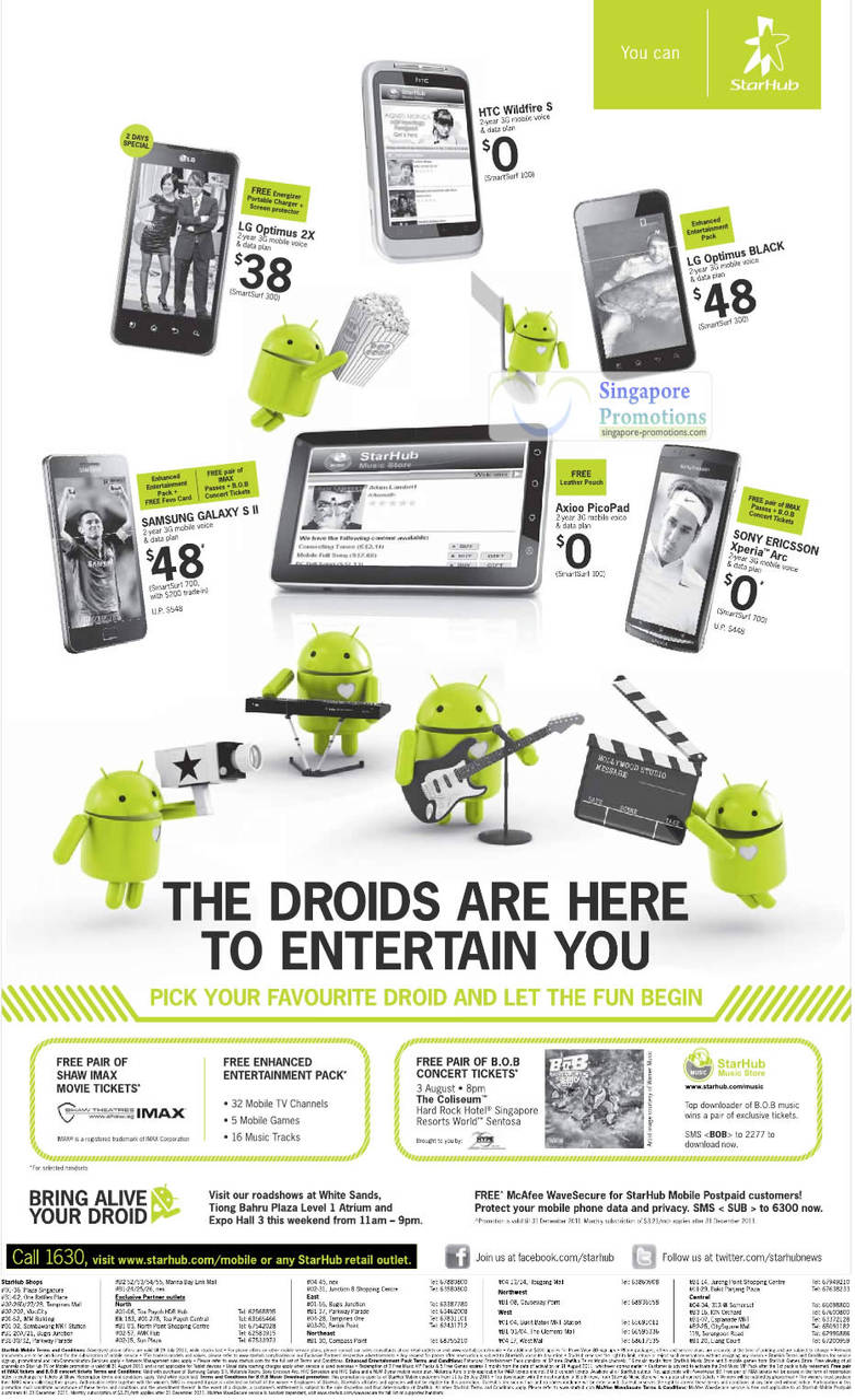 LG Optimus 2X, HTC Wildfire S, LG Optimus Black, Samsung Galaxy S II, Axioo PicoPad, Sony Ericsson Xperia Arc, BOB Concert Tickets, Shaw Imax