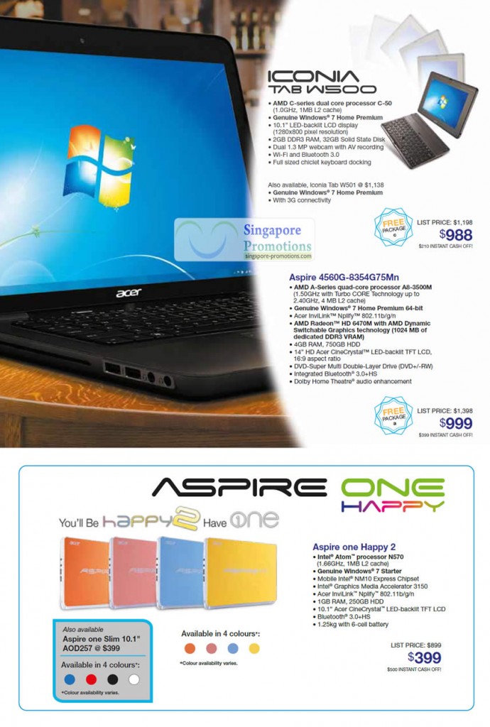 Notebooks, Tablets, Netbook Iconia Tab W500, Aspire AS60G-8354G75Mn, Aspire One Happy 2, Aspire One Slim AOD257