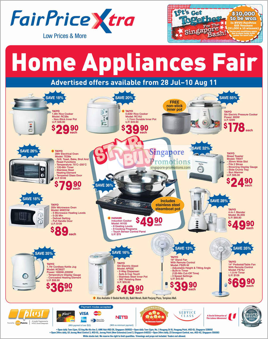 Taiyo Rice Cooker, Electric Oven, Microwave, Pressure Cooker, Blender, Cordless Kettle, Stand Fan