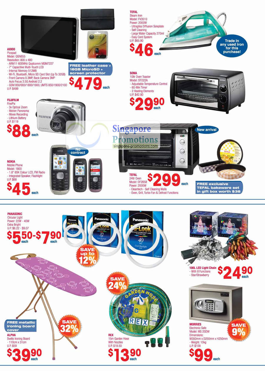 Axioo Picopad, Tefal Steam Iron FV3510, Fujifilm Finepix Digital Camera, Sona ST022A Oven Toaster, Nokia 1800, Tefal OF2658, Morries Electronic Safe, Alpha