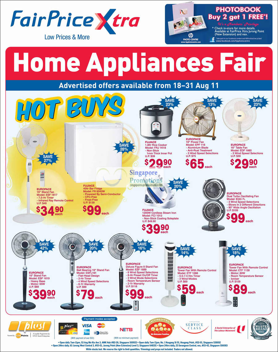 Europace Stand Fan ESF 1617, Fujiace Bar Fridge FR 6040W, Rice Cooker FRK 1K18, Power Fan EPF 116, Table Fan EDF 1660