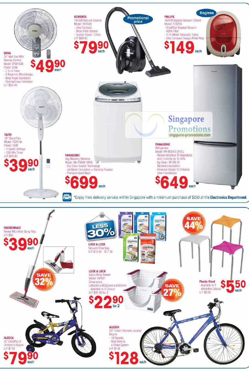 Fan, Sona SFW1526, Taiyo FS2R-W, Vacuum Cleaners Rowenta RO1645, Philips FC8280, Panasonic NA-FS90X1WRQ Washer, NR-BU343 Fridge, Rubbermaid Microfibre, Spray Mop, Aleoca Bicycle, Lock Lock