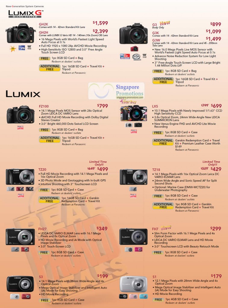 Lumix G Micro System Digital Cameras DMC GH2K, GH2H, H3, G3K, H3W, FZ100, LX5, TZ20, TZ18, FH27, FH7, S3, S1