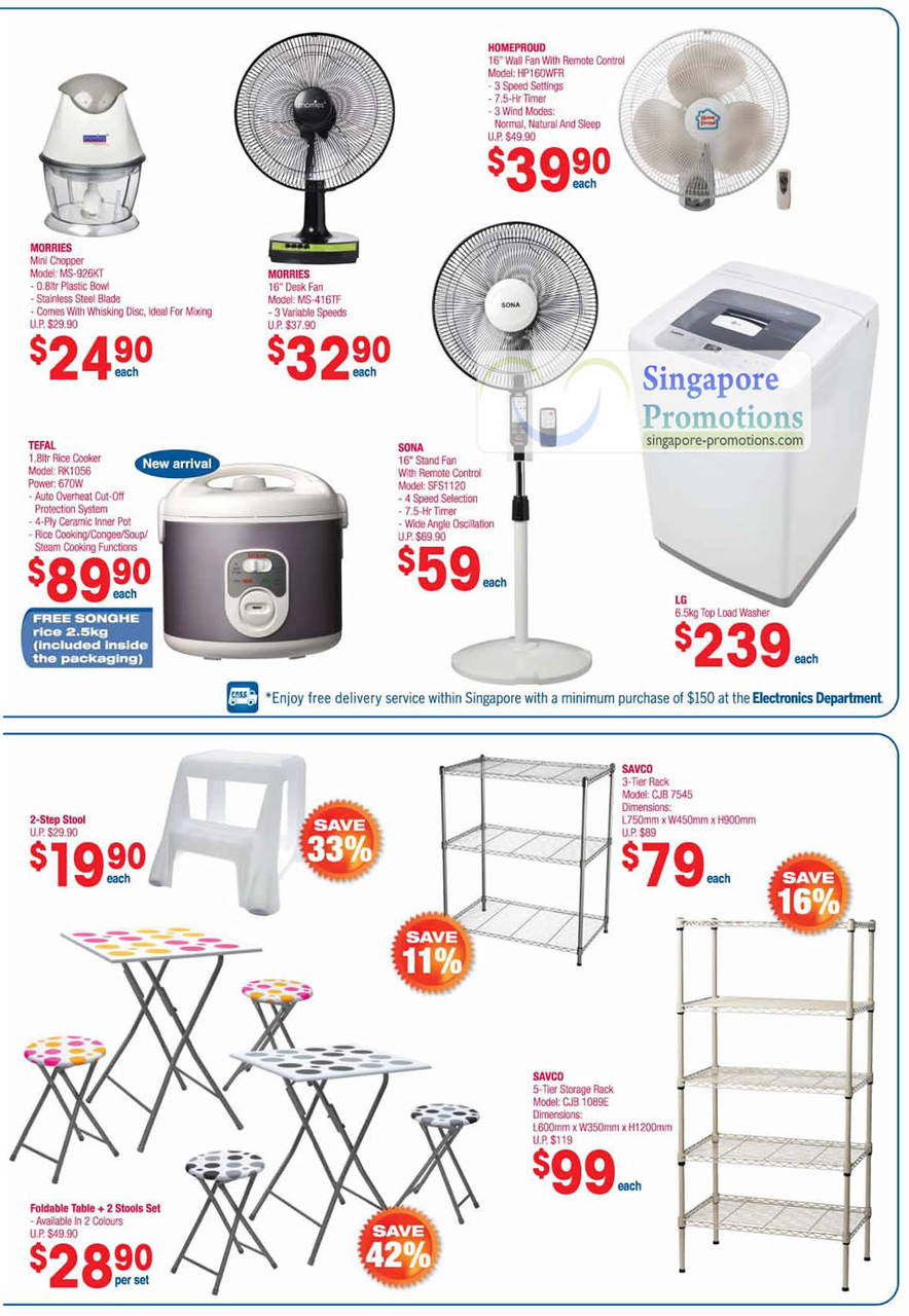 Morries Mini Chopper MS-926KT, Fan MS-416TF, HP160WFR, Tefal Rice Cooker RK1056, Sona SFS1120, Savco Rack, Storage