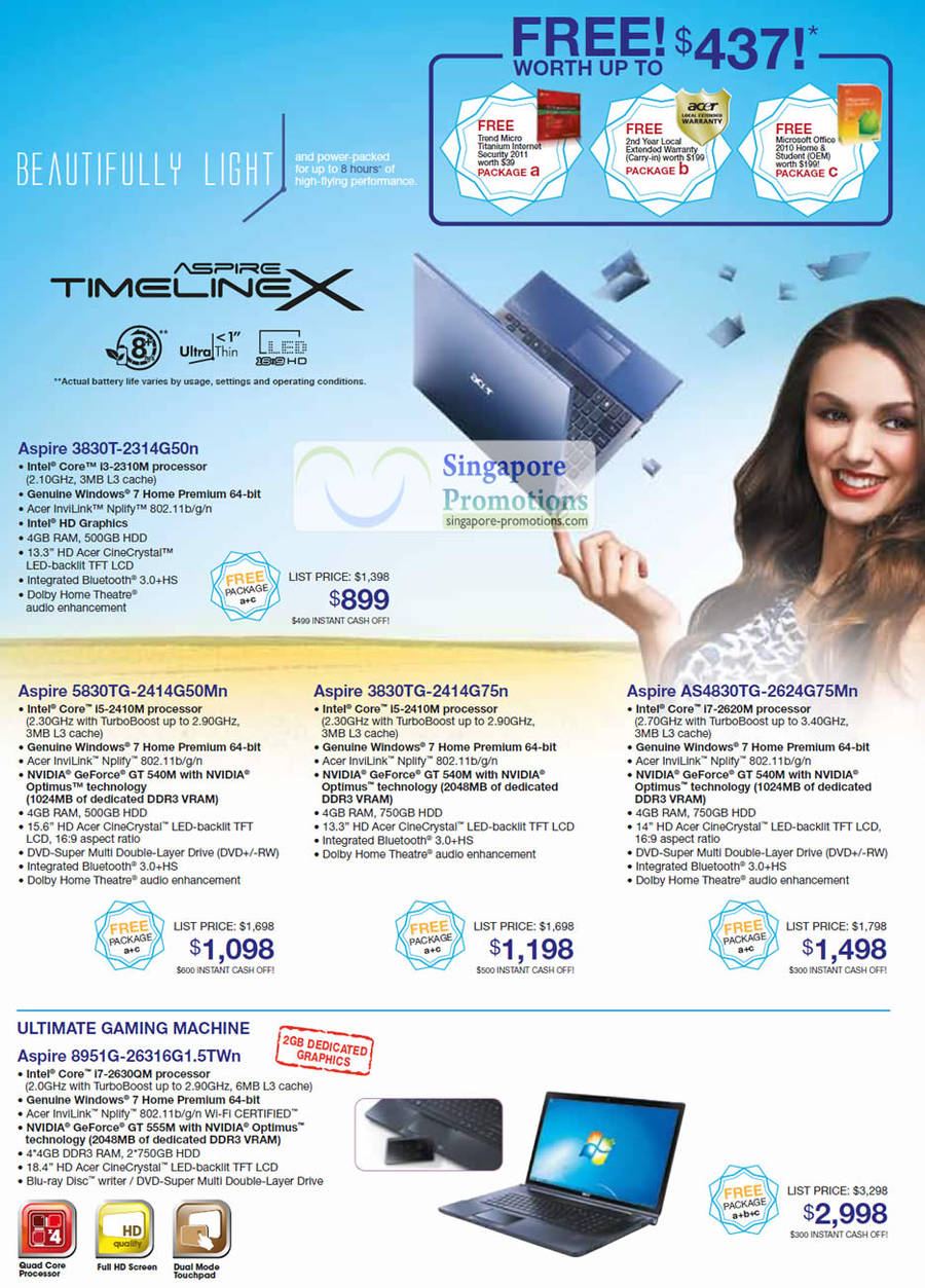 Notebooks Aspire TimelineX, 3830T-2314G50n, 5830TG 2414G50Mn, 3830TG 2414G75Mn, AS4830TG 2624G75Mn, 8951G-26316G1.5TWn