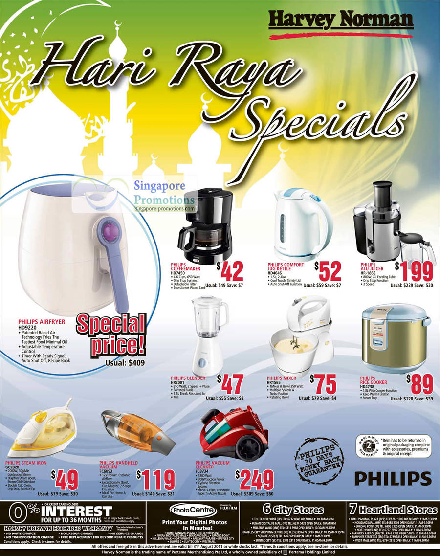 Philips Coffeemaker HD7450, Comfort Jug Kettle HD4646, Alu Juicer HR-1866, Blender HR001, Mixer HR1565, Rice Cooker HD4738, Steam Iron GC2820, Vacuum Cleaner FC6093, FC8734