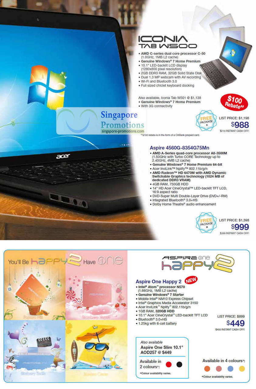 Tablets, Notebooks, Iconia Tab W500, Aspire 4560G 8354G75Mn, Aspire One Happy 2