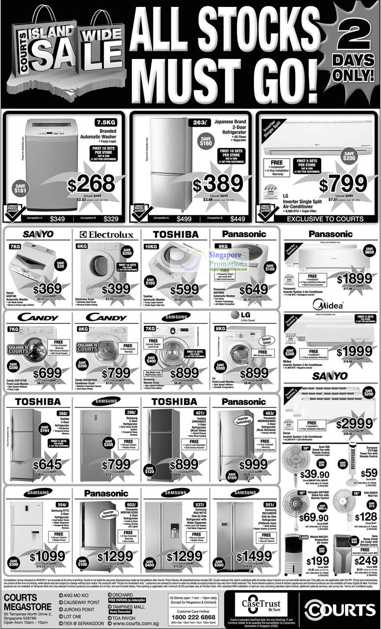 10 Sep Sanyo ASW180 Washing Machine, Panasonic NAFS90X, Air Conditioner Midea, Candy GOF107UK, GOC581BUK Condenser Dryer