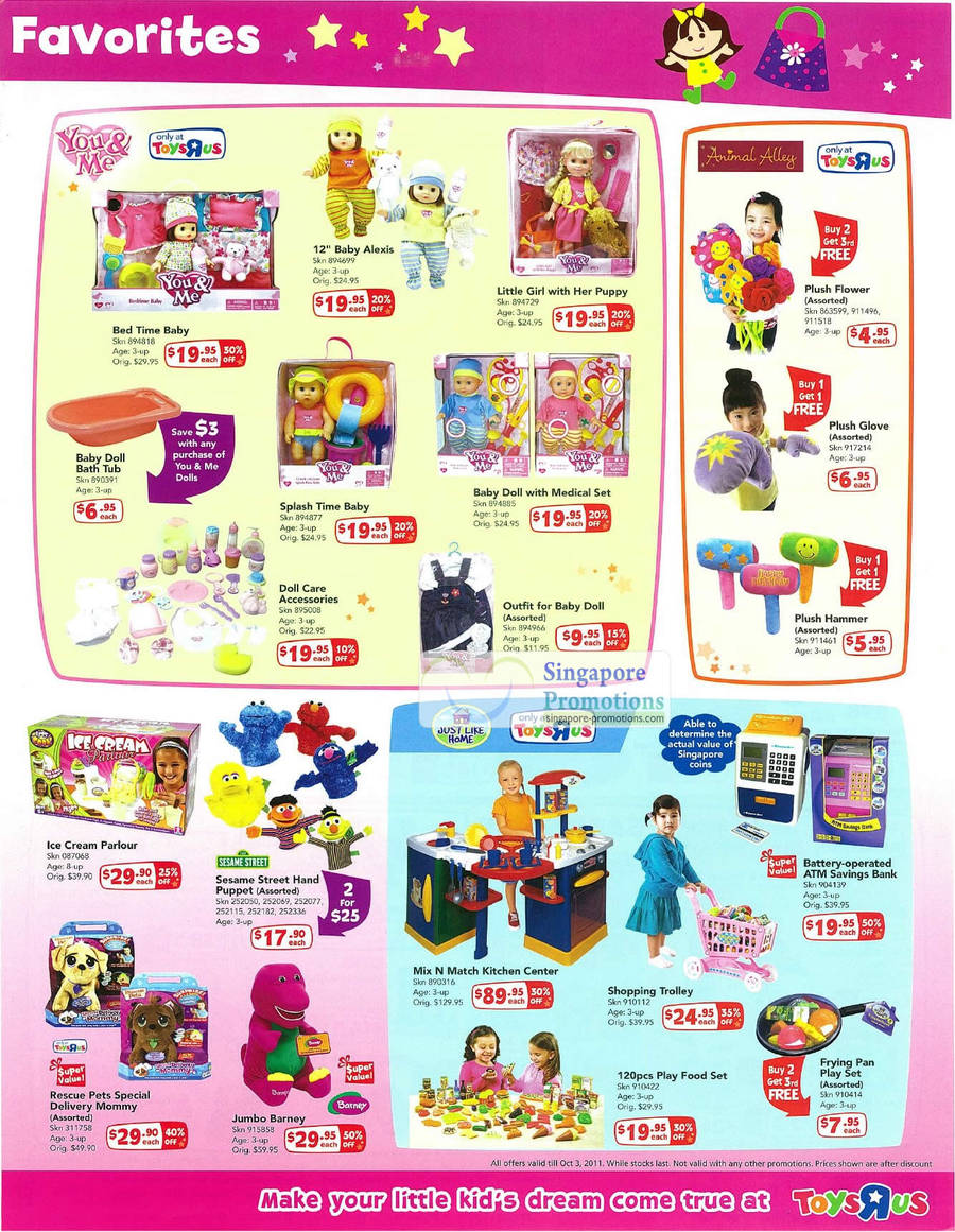 Dolls You And Me, Animal Alley, Ice Cream Parlour, Sesame Street Hand Puppet, Mix N Match Kitchen Corner, Just Like Home, Battery Operated ATM Savings Bank