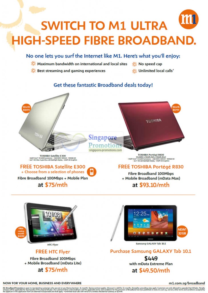 Fibre Broadband 100Mbps Free Toshiba Satellite E300, Toshiba Portege R830 Notebook, Free HTC Flyer