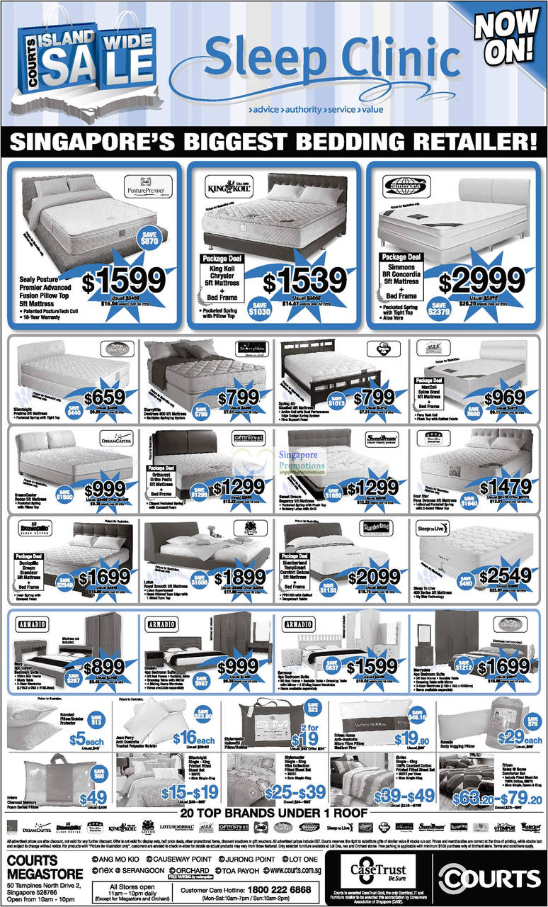 Mattresses Sealy Posture Premier Advanced Fusion, King Koil Chrysler, Simmons BR Concordia, MaxCoil Spine Bond, Spring Air BlueBell, StarryNite Destress 800