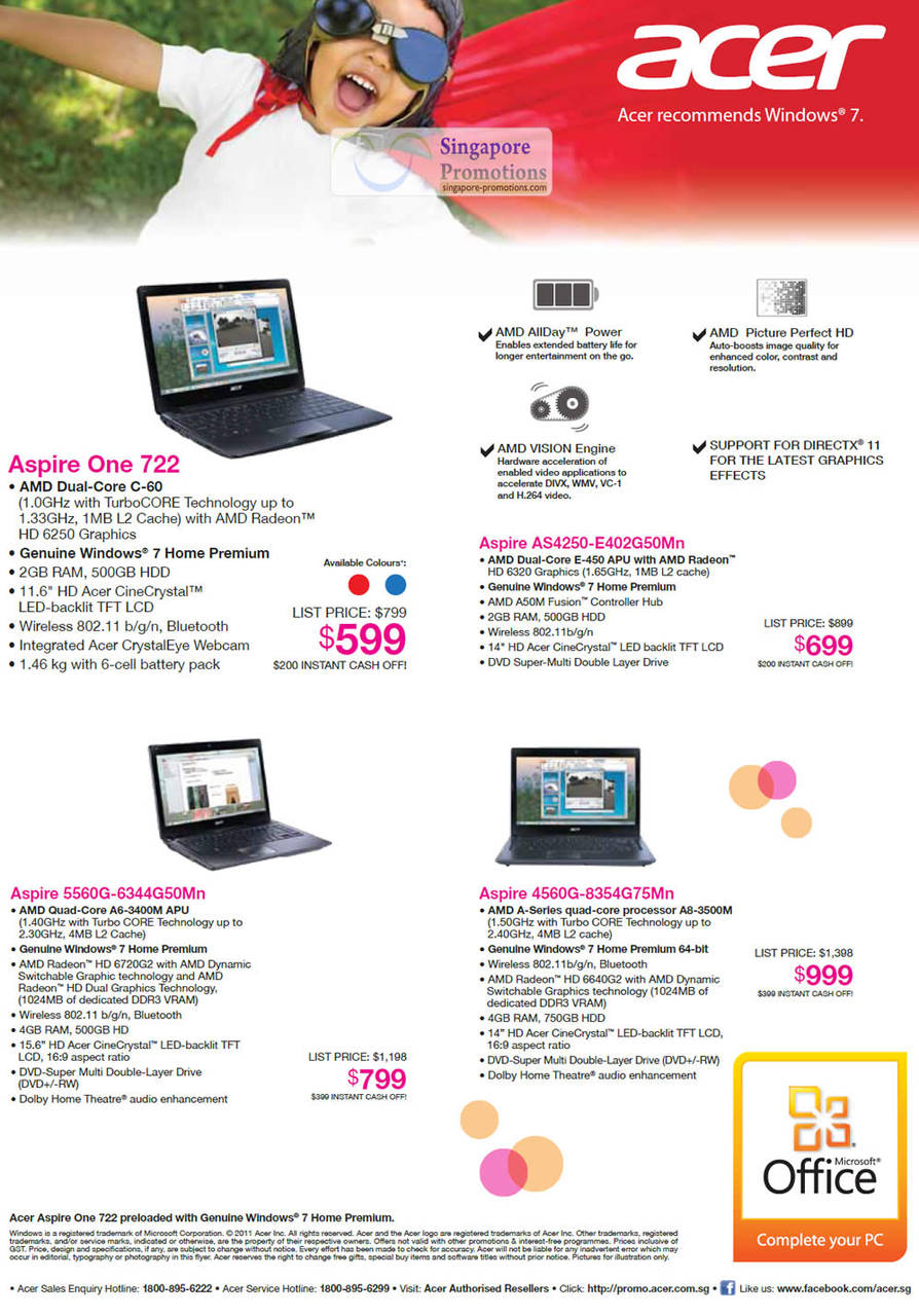 Notebooks Aspire One 722, AS4250-E402G50Mn, 5560G-6344G50Mn, 4560G-8354G75Mn