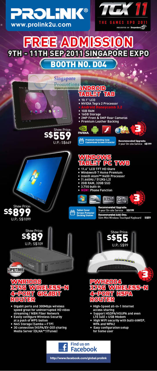 Prolink Android Tablet TA8, Windows TW8, WNR1008 Wireless Router, PWH2004 HSPA Router