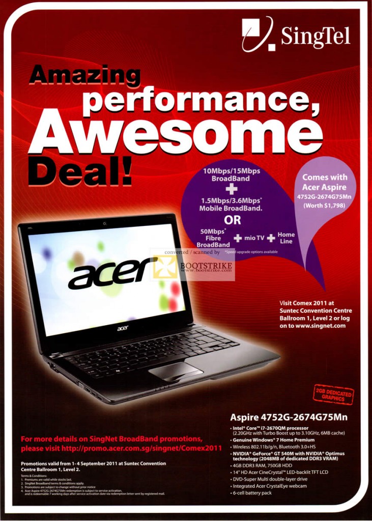 Singtel 10Mbps 15Mbps Broadband Acer Aspire 4752G-2674G75Mn Notebook Specifications