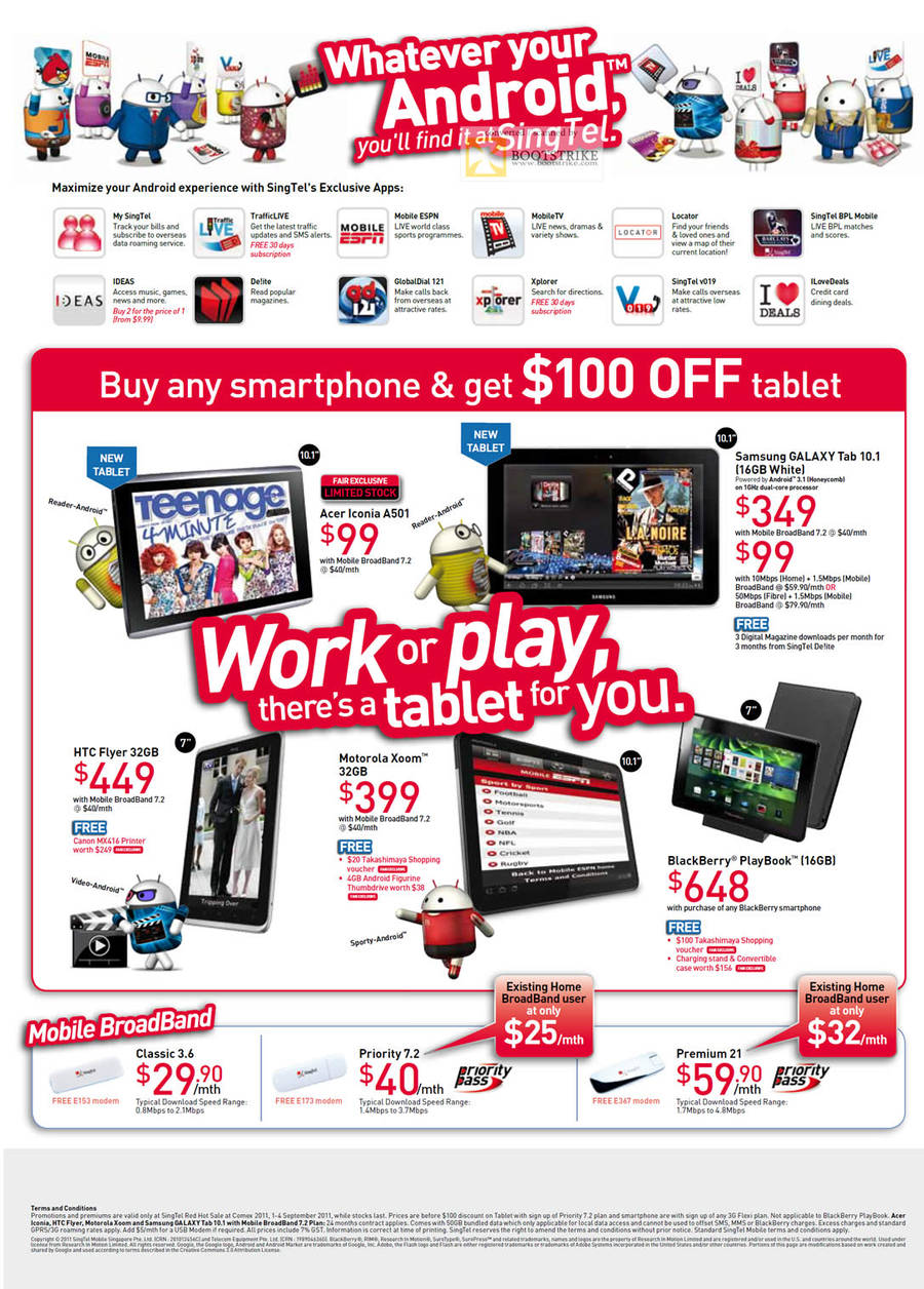 Singtel Mobile Acer Iconia A501 Samsung Galaxy Tab 10.1 HTC Flyer 32GB Motorola Xoom BlackBerry Playbook