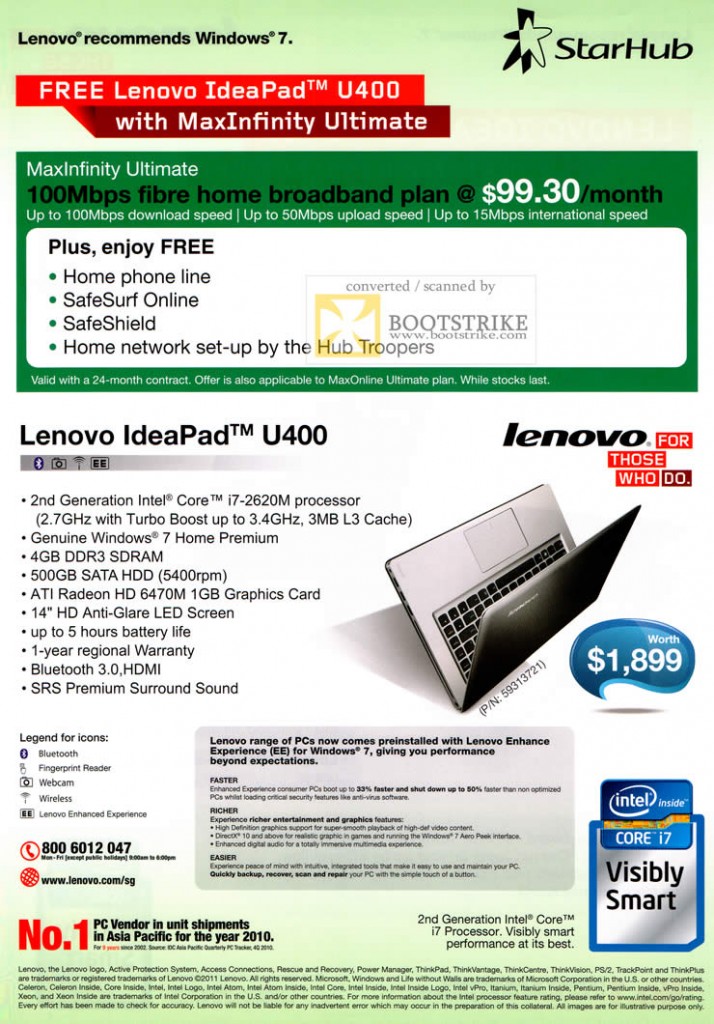 Starhub MaxInfinity Ultimate 100Mbps Fibre Broadband Plan Lenovo IdeaPad U400 Notebook Specifications