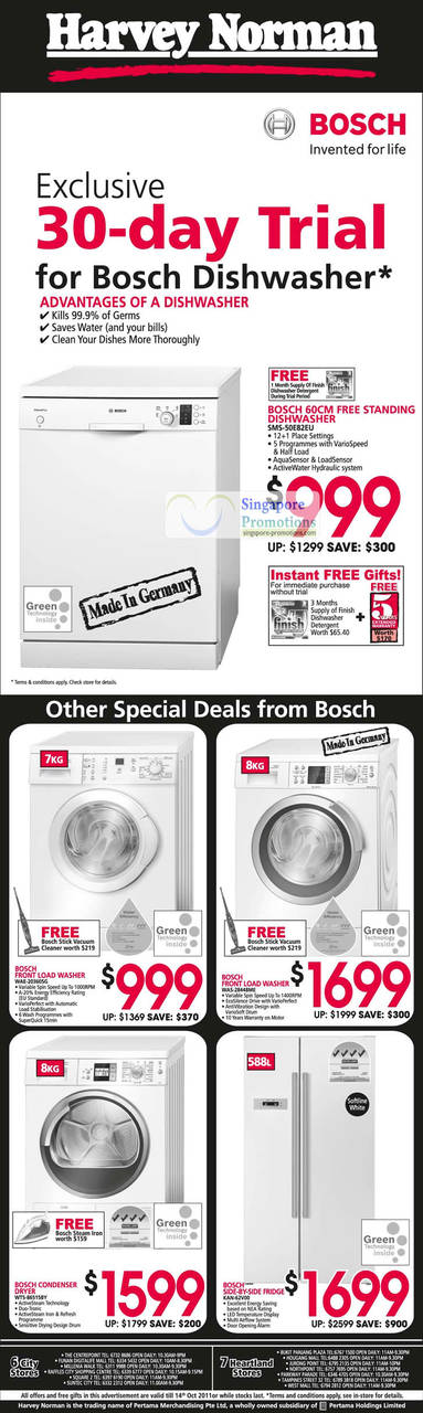 Bosch 60cm Free Standing Dishwasher SMS-50E82EU, Washing Machine WAE-20360SG, WAS-28448ME, Condenser Dryer WTS-86515BY