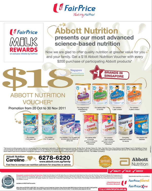 Featured image for (EXPIRED) FairPrice Free Abbott $18 Voucher With Every $200 Spend 20 Oct – 30 Nov 2011