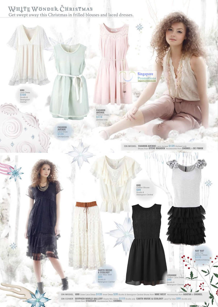 Iori Lace Dress, Fashion Avenue Pleated Dress, Lace Jumper, Iori Chiffon Blouse, Earth Music & Ecology Lace Maxi Skirt