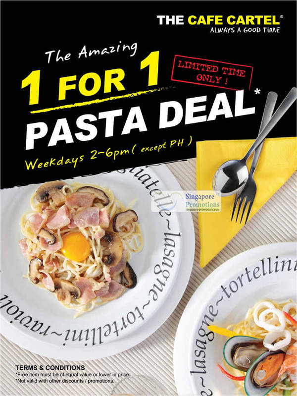 Featured image for (EXPIRED) Cafe Cartel 1-for-1 Pasta Deal 9 Nov – 31 Dec 2011