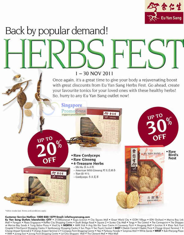 Featured image for (EXPIRED) Eu Yan Seng Herbs Fest Up To 30% Off 1 – 30 Nov 2011