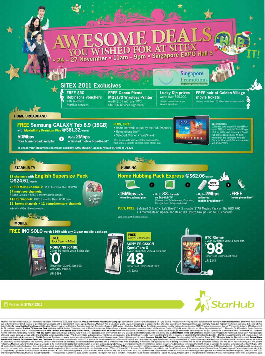 SITEX 2011 Exclusives, Free Samsung Galaxy Tab 8.9, TV English Supersize Pack, Nokia N9, Sony Ericsson Xperia Arc S, HTC Rhyme