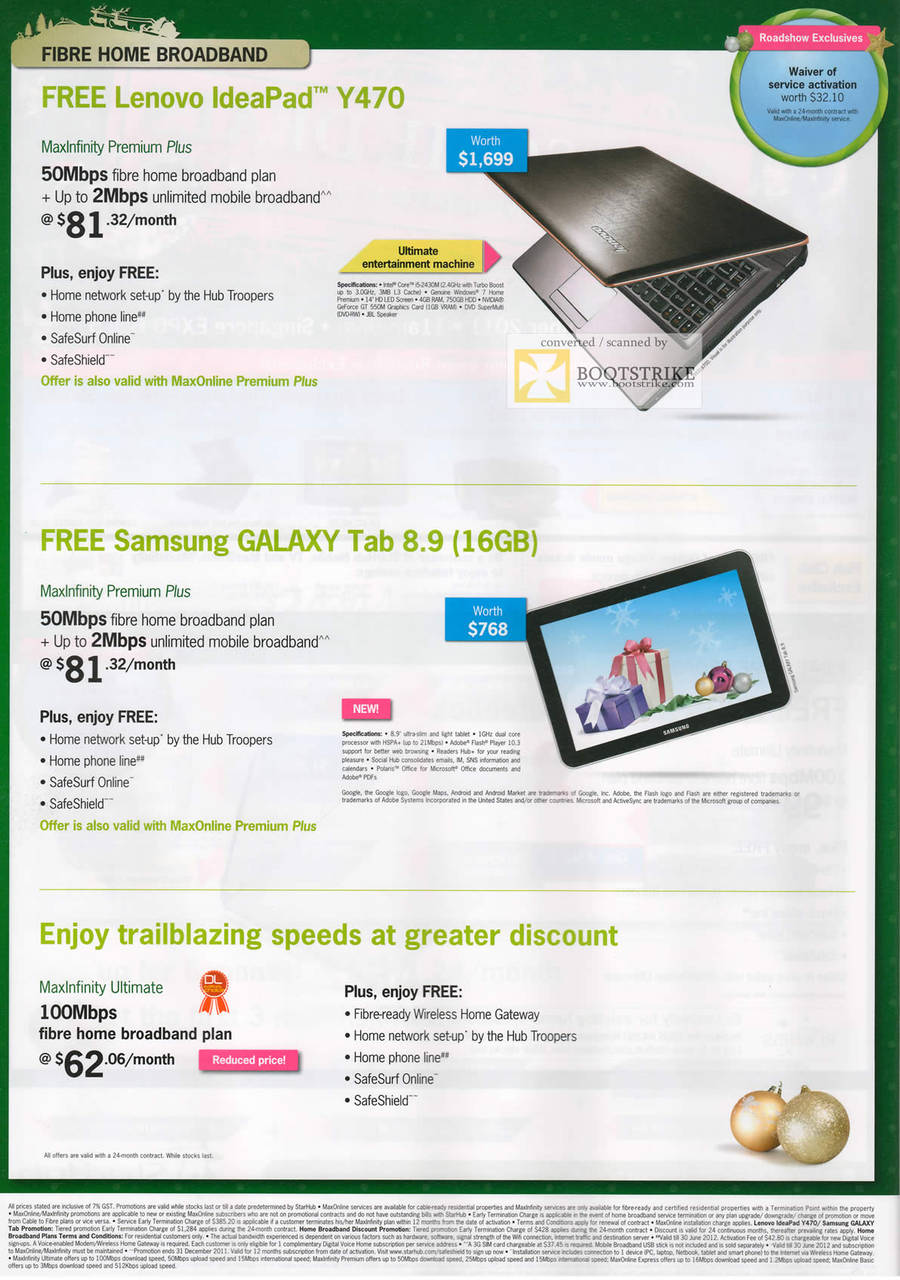 Starhub Home Broadband MaxInfinity Premium Plus Free Lenovo IdeaPad Y470 Notebook, Samsung Galaxy Tab 8.9, MaxInfinity Ultimate