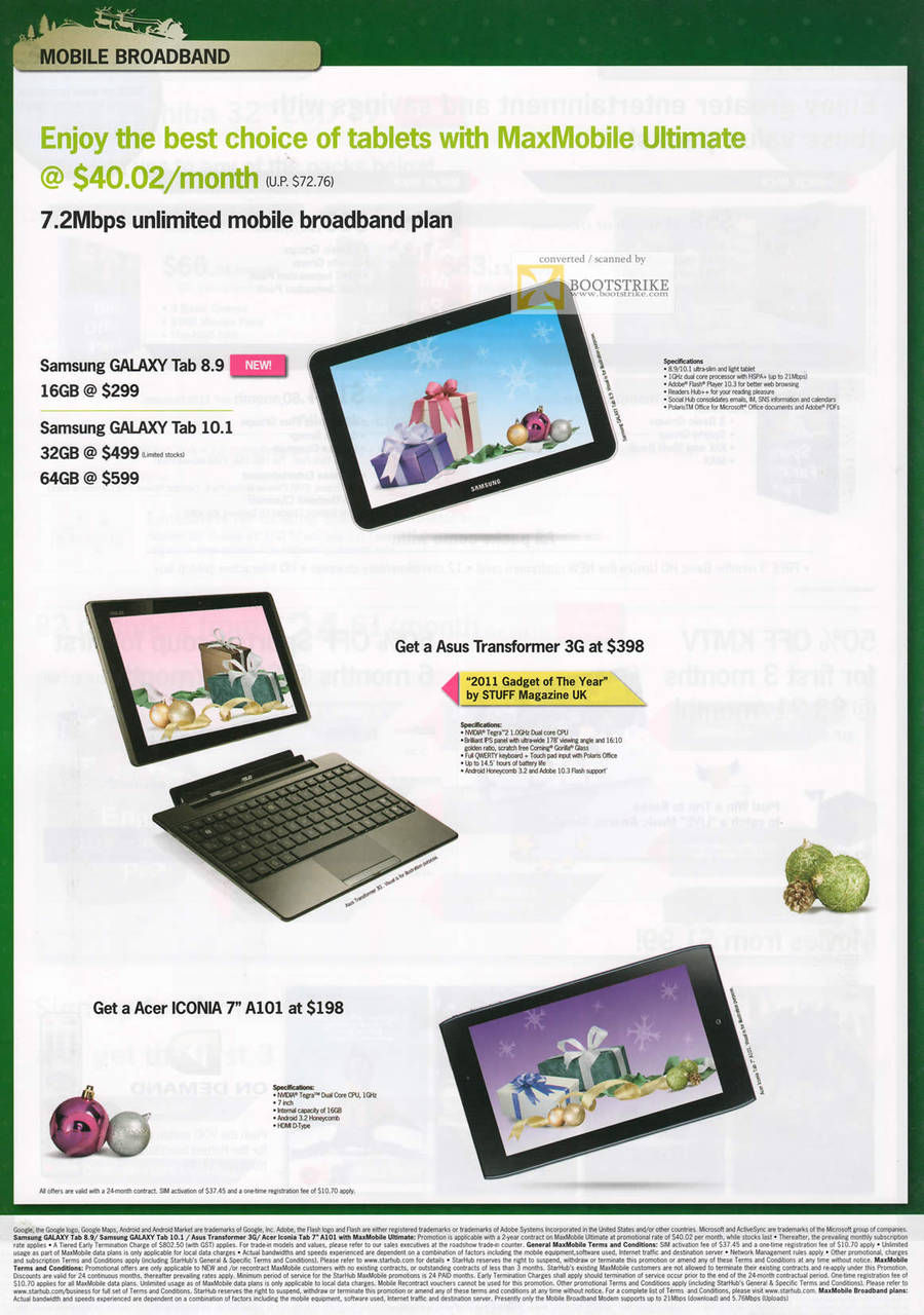 Starhub Mobile Broadband Tablet MaxMobile Ultimate, Samsung Galaxy Tab 8.9, ASUS Transformer 3G, Acer Iconia A101