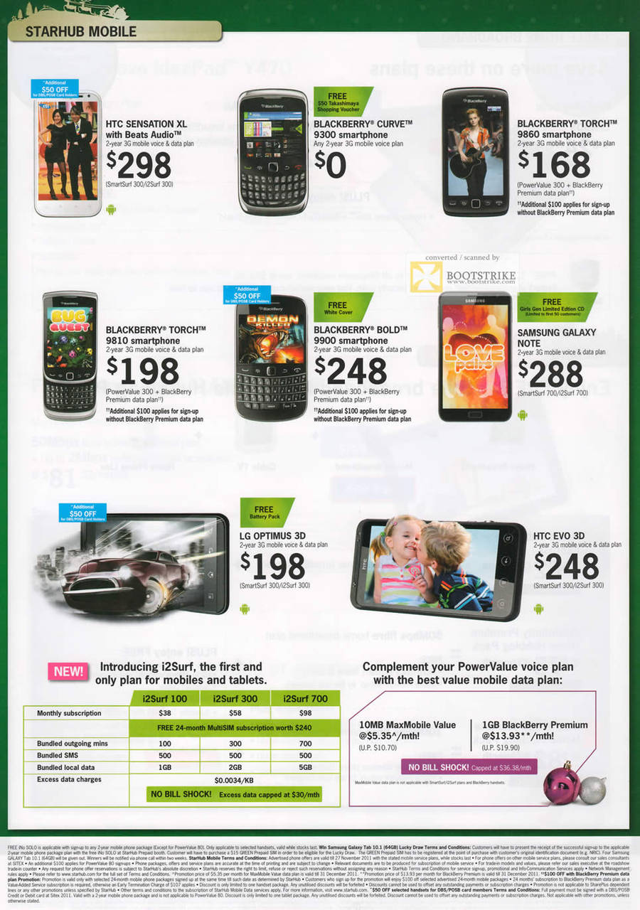 Starhub Mobile HTC Sensation XL, Blackberry Curve 9300, Torch 9860, Torch 9810, Bold 9900, Samsung Galaxy Note, LG Optimus 3D, HTC Evo 3D, i2Surf Plan