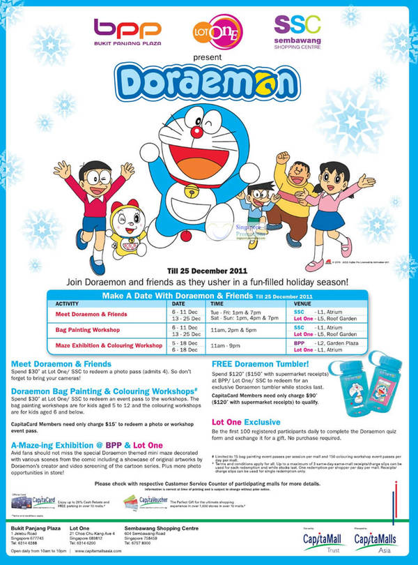 Featured image for (EXPIRED) Bukit Panjang Plaza, Lot One & Sembawang Shopping Centre Doraemon & Friends Activities 10 – 25 Dec 2011