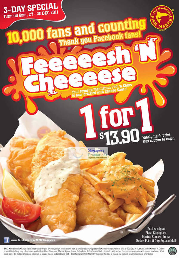 Featured image for Manhattan Fish Market Singapore 1 For 1 Coupon Feeeeesh ‘N Cheeeese 27 – 30 Dec 2011