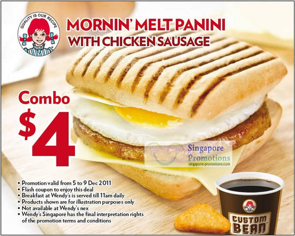 Featured image for (EXPIRED) Wendy’s Coupon $4 Mornin’ Melt Panini With Chicken Sausage Combo Meal 5 – 9 Dec 2011