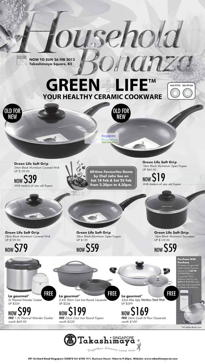 17 Feb Green Life Soft Grip, Aluminium covered wok, Frypan, Saucepan, La gourmet Thermal Wonder Cooker, Casserloe, Wok