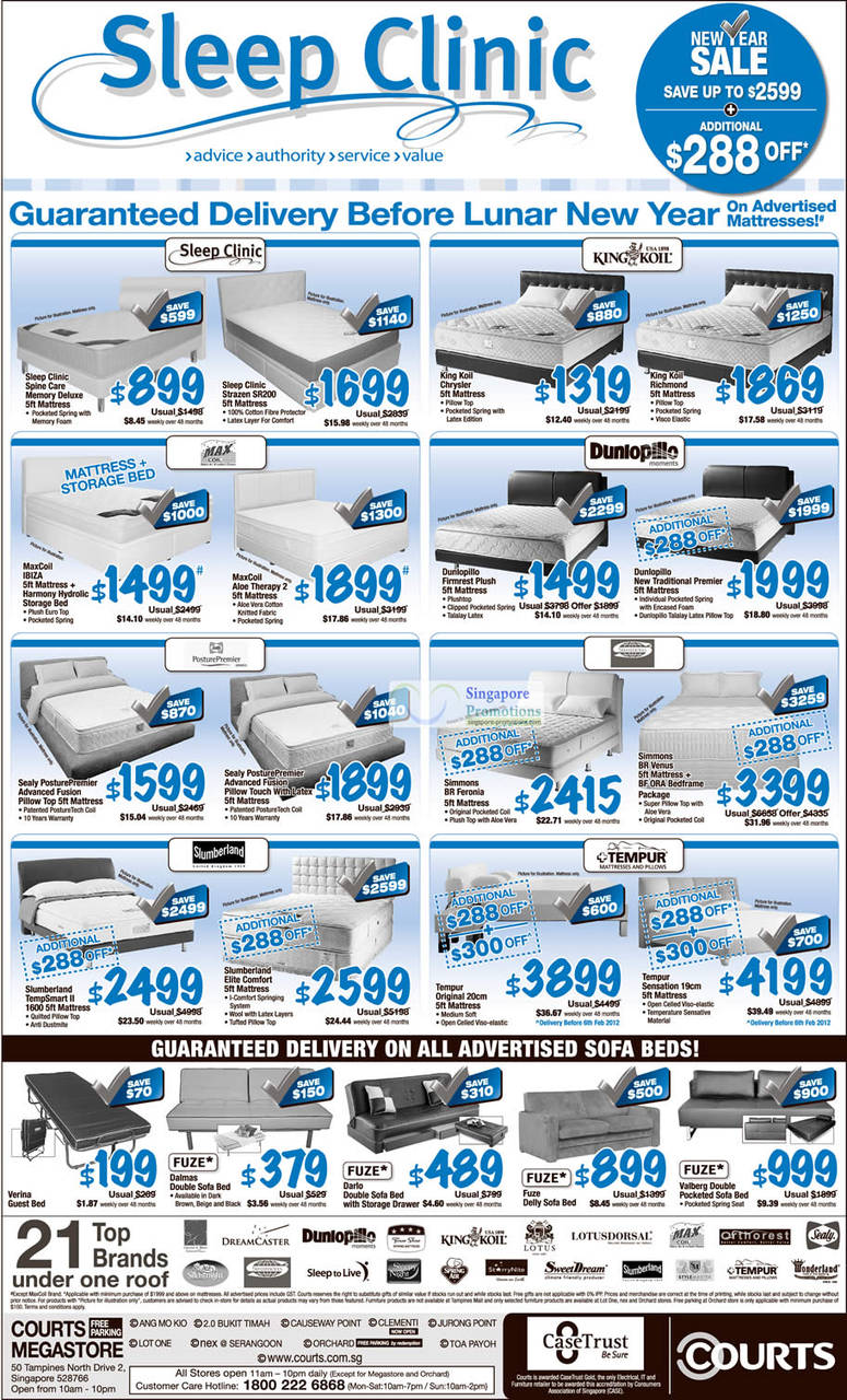 Mattresses Dunlopillo, Max Coil, Posture Premier, Sealy, Tempur, Slumberland